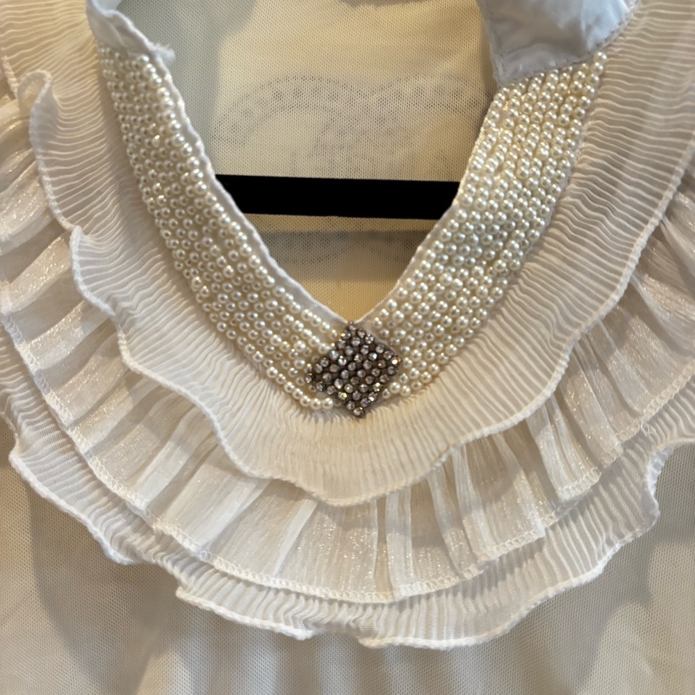 Euro Qian Wan Zi CC Angel Cream Micro Mesh Pearl Gems & Ruffle Long Sleeve L - Picture 3 of 13
